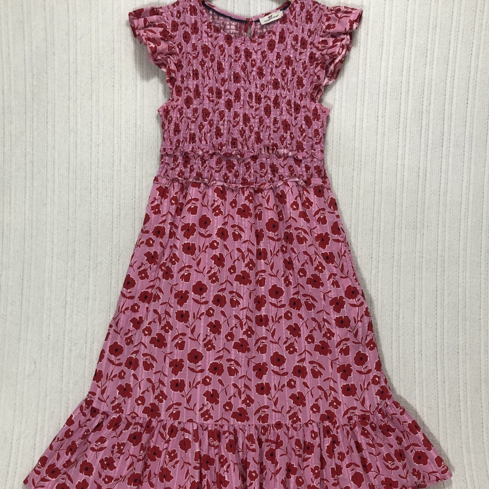 Vineyard Vines Pink Red Floral Smocked Flutter Sleeve Cotton Midi Dress 35in L